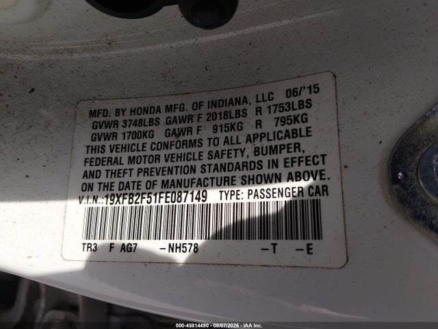 Honda Civic Lx 2015 19XFB2F51FE087149 Image 8