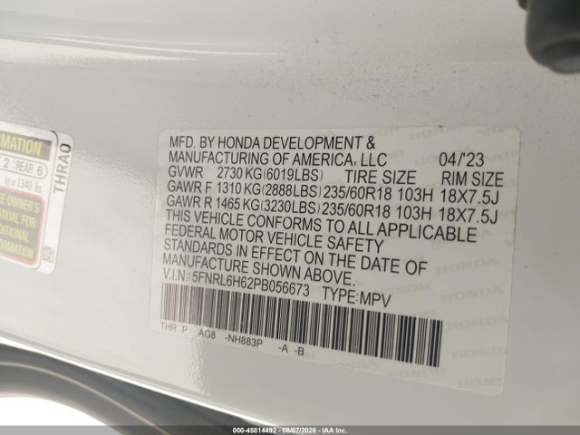 Honda Odyssey Ex-l 2023 5FNRL6H62PB056673 Image 9