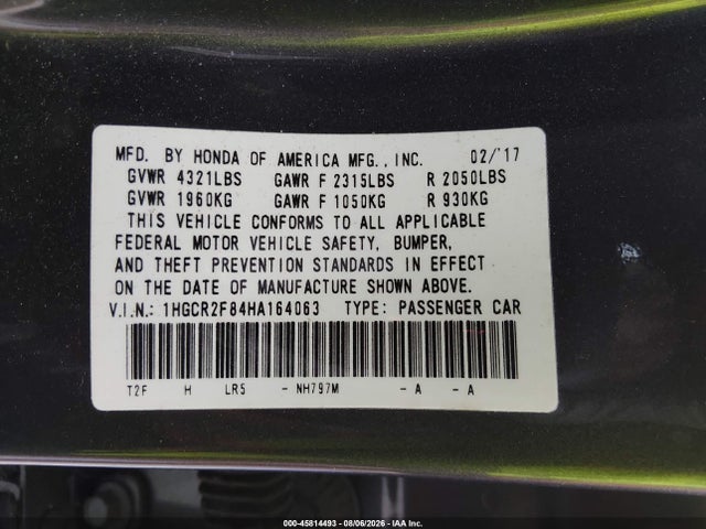Продажа на аукционе авто 2017 Honda Accord Ex-l, vin: 1HGCR2F84HA164063, номер лота: 45814493