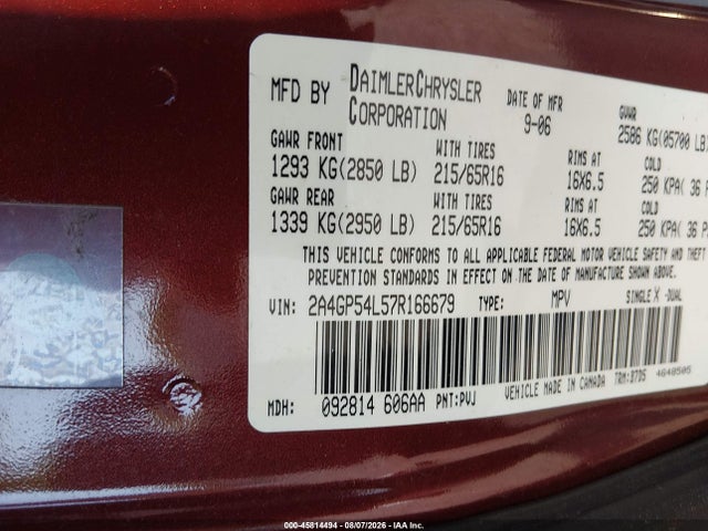 45814494 :رقم المزاد ، 2A4GP54L57R166679 vin ، 2007 Chrysler Town & Country Touring مزاد بيع