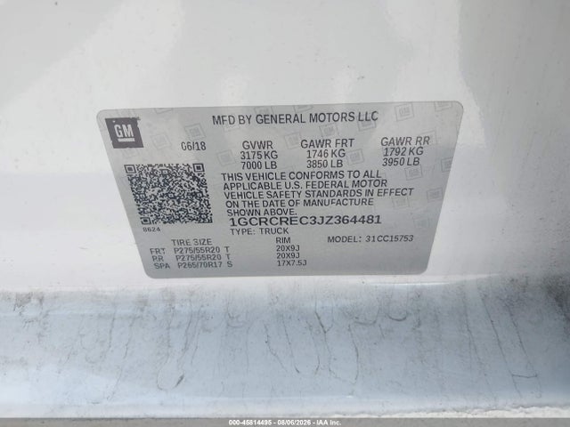 45814495 :رقم المزاد ، 1GCRCREC3JZ364481 vin ، 2018 Chevrolet Silverado 1500 1lt مزاد بيع