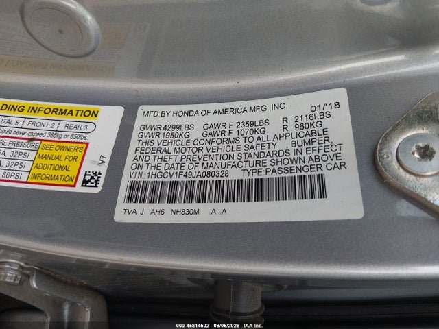 Honda ACCORD EX 2018 1HGCV1F49JA080328 Image 9