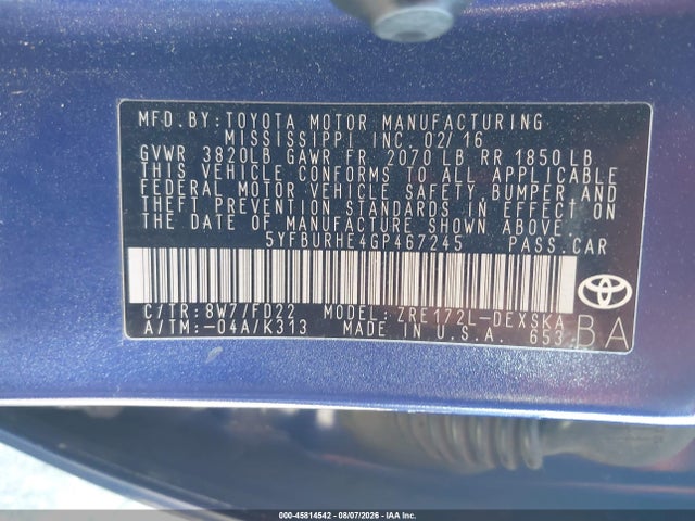 5YFBURHE4GP467245 Toyota Corolla S Plus