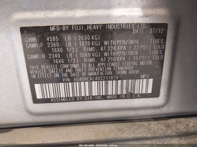 45814559 :رقم المزاد ، 4S4BRCAC4D3211839 vin ، 2013 Subaru Outback 2.5i مزاد بيع