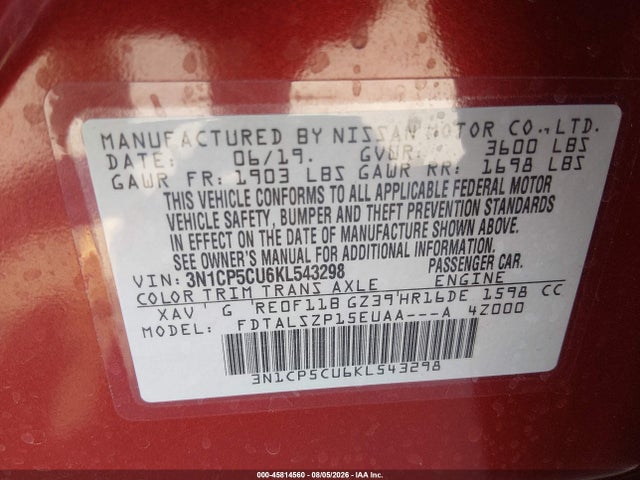Aukcja sprzedaży 2019 Nissan Kicks Sv, vin: 3N1CP5CU6KL543298, numer aukcji: 45814560