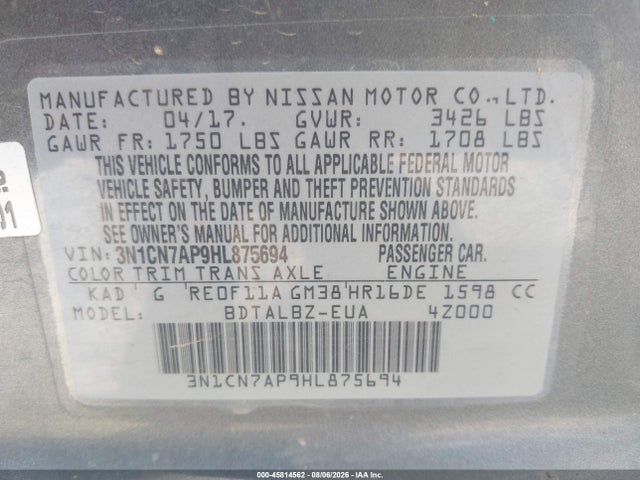 45814562 :رقم المزاد ، 3N1CN7AP9HL875694 vin ، 2017 Nissan Versa 1.6 Sv مزاد بيع