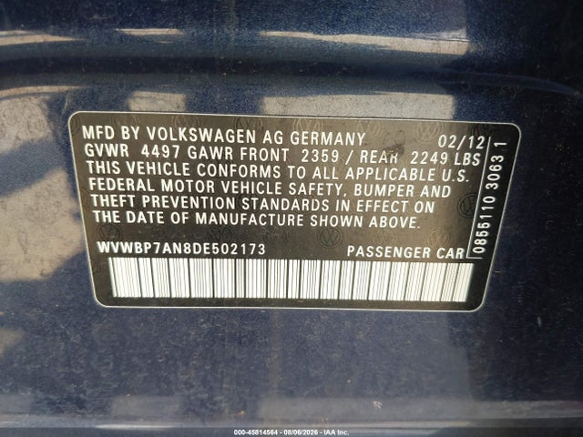 Продаж на аукціоні авто 2013 Volkswagen Cc 2.0t Sport Plus, vin: WVWBP7AN8DE502173, номер лоту: 45814564