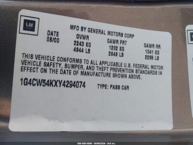 Aukcja sprzedaży 2000 Buick Park Avenue, vin: 1G4CW54KXY4294074, numer aukcji: 45814599