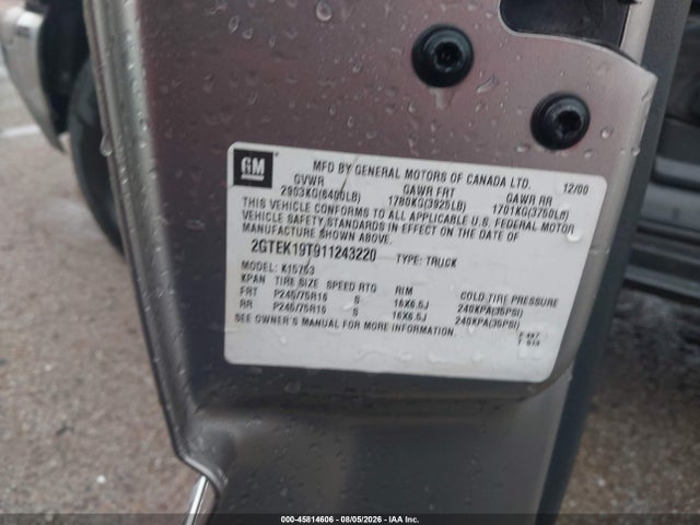 45814606 :رقم المزاد ، 2GTEK19T911243220 vin ، 2001 Gmc Sierra 1500 Sle مزاد بيع