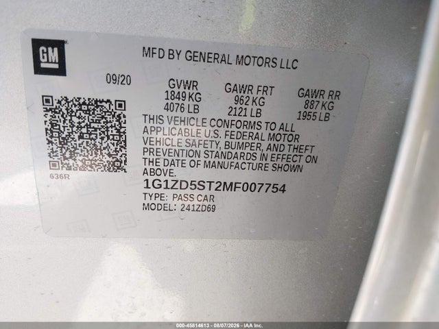 Aukcja sprzedaży 2021 Chevrolet Malibu Fwd Lt, vin: 1G1ZD5ST2MF007754, numer aukcji: 45814613