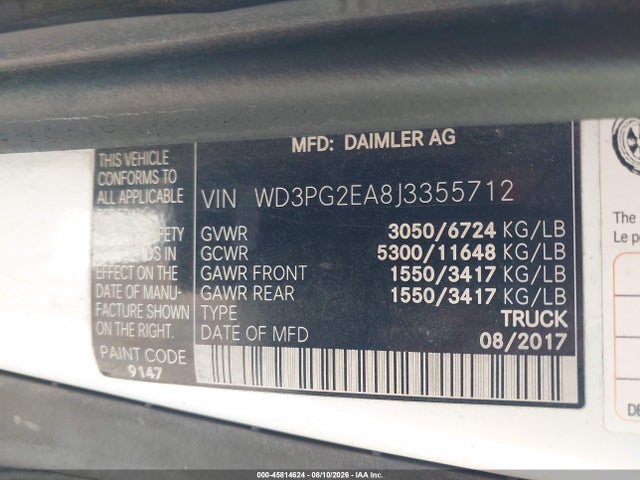 45814624 :رقم المزاد ، WD3PG2EA8J3355712 vin ، 2018 Mercedes-benz Metris مزاد بيع
