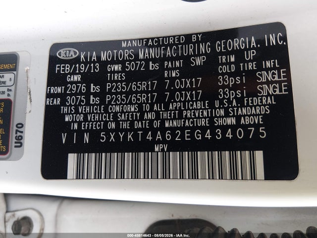 KIA SORENTO LX 2014 5XYKT4A62EG434075 Image 9