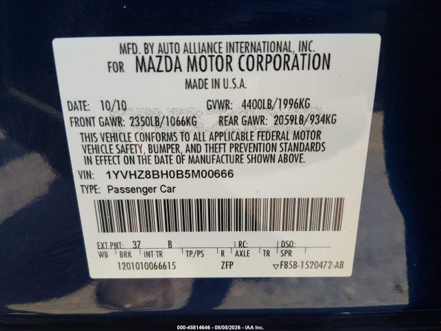 45814646 :رقم المزاد ، 1YVHZ8BH0B5M00666 vin ، 2011 Mazda Mazda6 I Sport مزاد بيع
