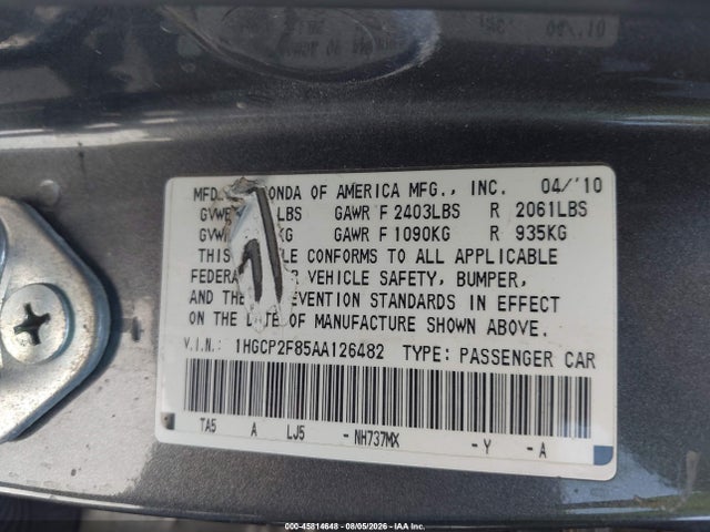 Aukcja sprzedaży 2010 Honda Accord 2.4 Ex-l, vin: 1HGCP2F85AA126482, numer aukcji: 45814648