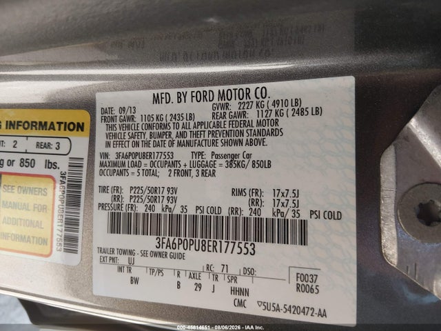 45814651 :رقم المزاد ، 3FA6P0PU8ER177553 vin ، 2014 Ford Fusion Energi Se Luxury مزاد بيع