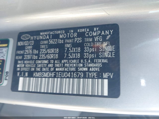 Auction sale of the 2014 Hyundai Santa Fe Gls, vin: KM8SMDHF1EU041679, lot number: 45814661