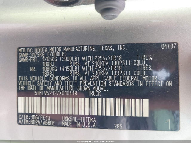 2007 Toyota Tundra Base 5.7l V8 მანქანა იყიდება აუქციონზე, vin: 5TFLV52127X010418, აუქციონის ნომერი: 45814668