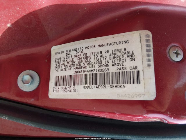 Продаж на аукціоні авто 1991 Toyota Corolla Dlx, vin: 1NXAE94AXMZ180269, номер лоту: 45814669