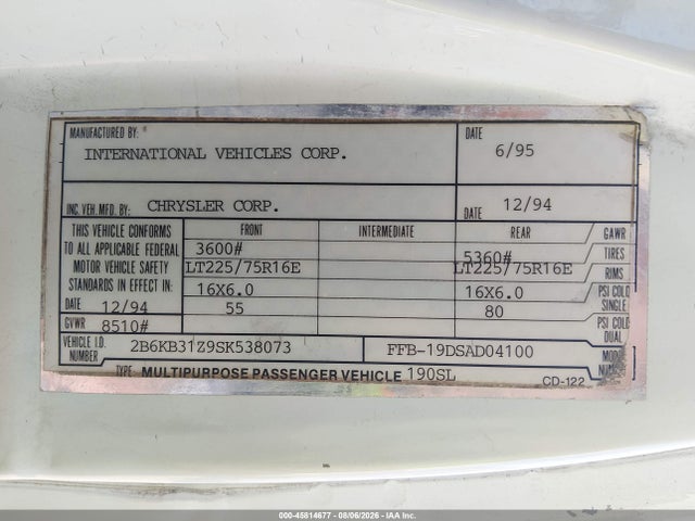 1995 Dodge Ram Van B3500 მანქანა იყიდება აუქციონზე, vin: 2B6KB31Z9SK538073, აუქციონის ნომერი: 45814677