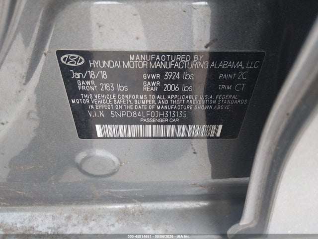 5NPD84LF0JH313135 Hyundai ELANTRA SEL