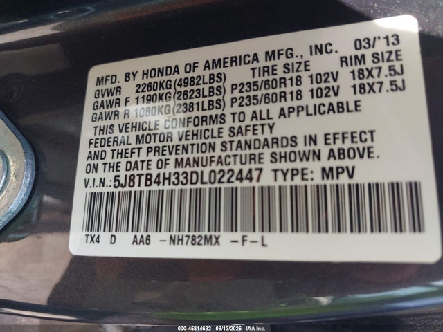 45814682 :رقم المزاد ، 5J8TB4H33DL022447 vin ، 2013 Acura Rdx مزاد بيع