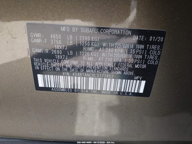 45814689 :رقم المزاد ، 4S4BTANCXL3172852 vin ، 2020 Subaru Outback Limited مزاد بيع