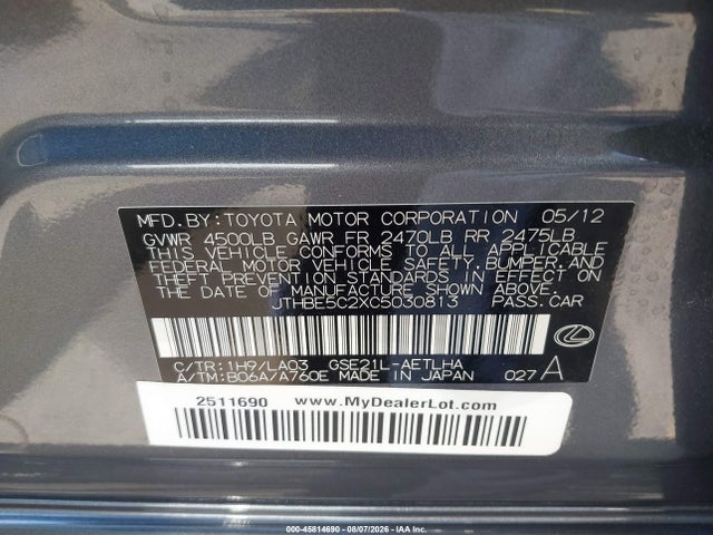45814690 :رقم المزاد ، JTHBE5C2XC5030813 vin ، 2012 Lexus Is 350 مزاد بيع