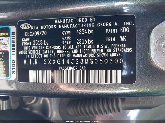 Aukcja sprzedaży 2021 Kia K5 Lxs, vin: 5XXG14J28MG050300, numer aukcji: 45814703