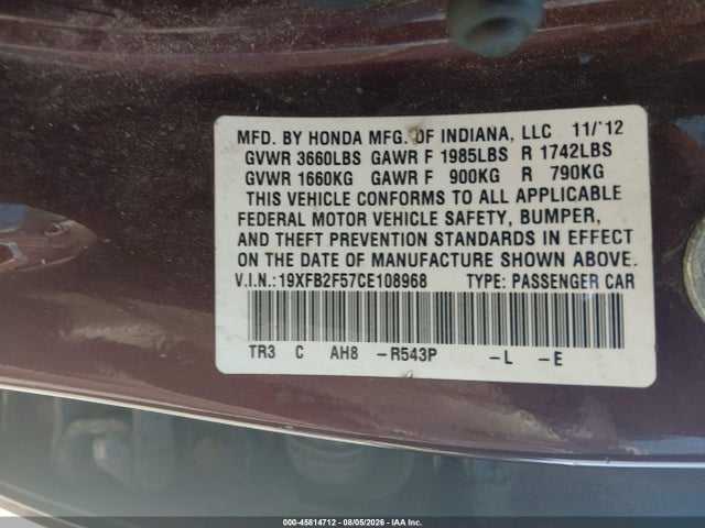 Продажа на аукционе авто 2012 Honda Civic Lx, vin: 19XFB2F57CE108968, номер лота: 45814712