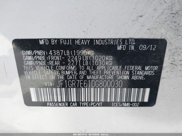 Продаж на аукціоні авто 2013 Subaru Impreza Wrx, vin: JF1GR7E61DG800030, номер лоту: 45814718