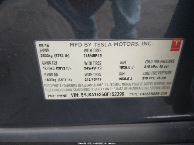 Aukcja sprzedaży 2016 Tesla Model S 60d/70d/75d/85d/90d, vin: 5YJSA1E26GF152396, numer aukcji: 45814722