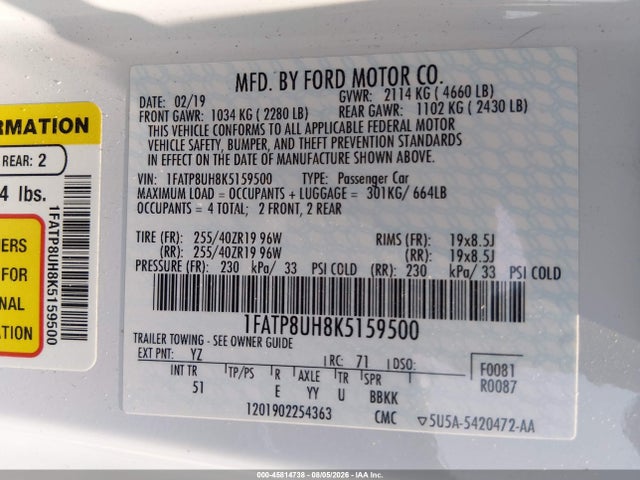 2019 Ford Mustang Ecoboost Premium მანქანა იყიდება აუქციონზე, vin: 1FATP8UH8K5159500, აუქციონის ნომერი: 45814738