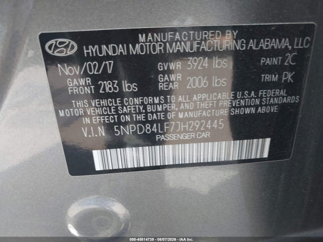 45814739 :رقم المزاد ، 5NPD84LF7JH292445 vin ، 2018 Hyundai Elantra Sel مزاد بيع