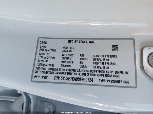 5YJ3E1EA9SF950724 Tesla Model 3 Long Range Rear-wheel Drive/standard Rear-wheel Drive
