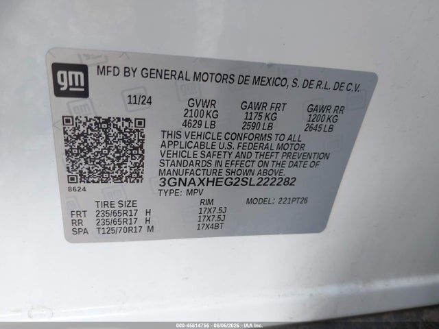 2025 Chevrolet Equinox Fwd Lt მანქანა იყიდება აუქციონზე, vin: 3GNAXHEG2SL222282, აუქციონის ნომერი: 45814756