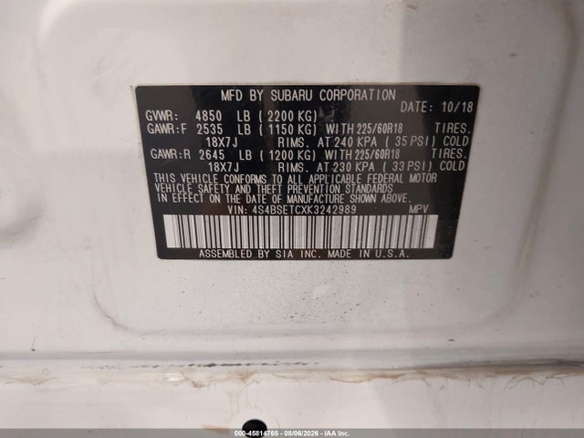 Subaru Outback 3.6r Touring 2019 4S4BSETCXK3242989 Image 9
