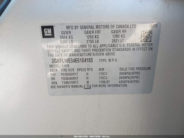 45814769 :رقم المزاد ، 2GKFLWE34E6164183 vin ، 2014 Gmc Terrain Sle-2 مزاد بيع