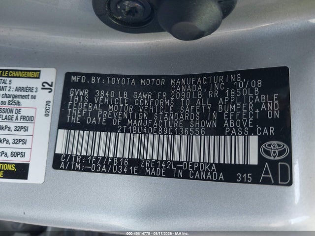 2009 Toyota Corolla Le მანქანა იყიდება აუქციონზე, vin: 2T1BU40E89C136556, აუქციონის ნომერი: 45814778