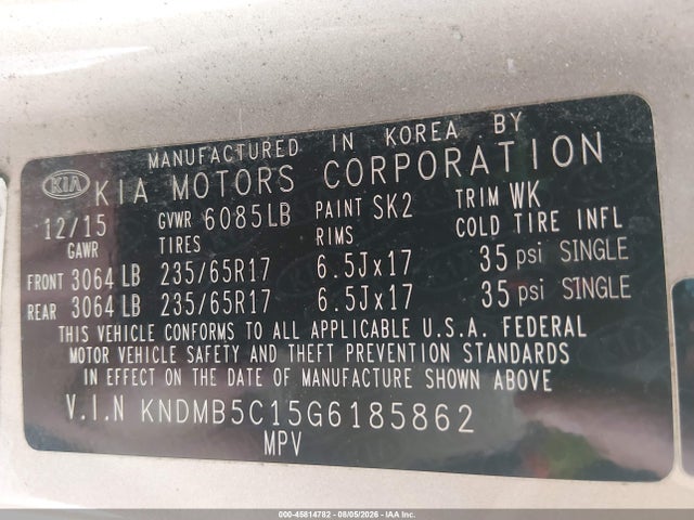 Aukcja sprzedaży 2016 Kia Sedona Lx, vin: KNDMB5C15G6185862, numer aukcji: 45814782