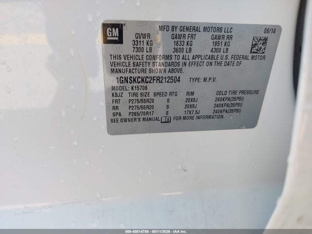 45814786 :رقم المزاد ، 1GNSKCKC2FR212504 vin ، 2015 Chevrolet Tahoe Ltz مزاد بيع