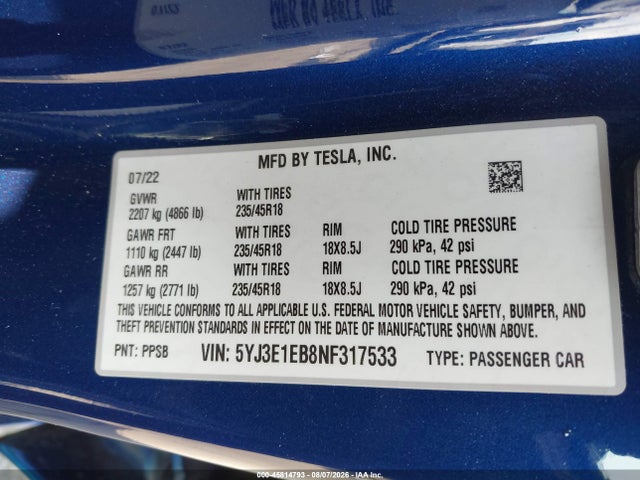 Aukcja sprzedaży 2022 Tesla Model 3 Long Range Dual Motor All-wheel Drive, vin: 5YJ3E1EB8NF317533, numer aukcji: 45814793