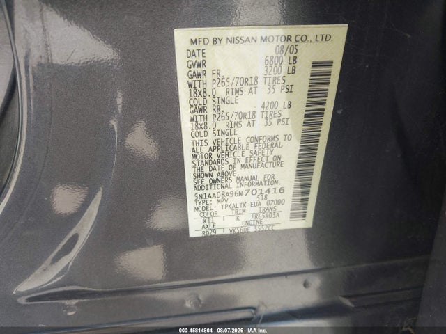 45814804 :رقم المزاد ، 5N1AA08A96N701416 vin ، 2006 Nissan Armada Se مزاد بيع