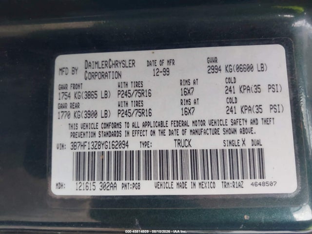 45814809 :رقم المزاد ، 3B7HF13Z8YG162094 vin ، 2000 Dodge Ram 1500 St مزاد بيع