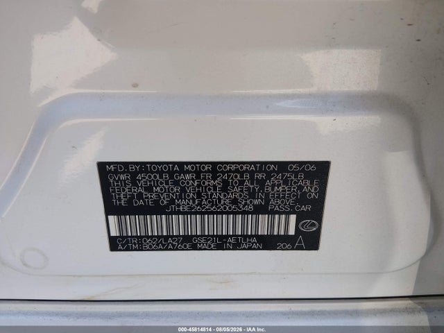 45814814 :رقم المزاد ، JTHBE262562005348 vin ، 2006 Lexus Is 350 مزاد بيع
