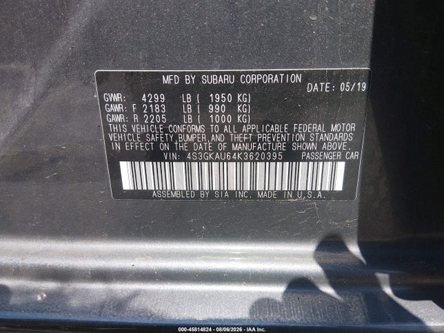 2019 Subaru Impreza 2.0i Limited მანქანა იყიდება აუქციონზე, vin: 4S3GKAU64K3620395, აუქციონის ნომერი: 45814824
