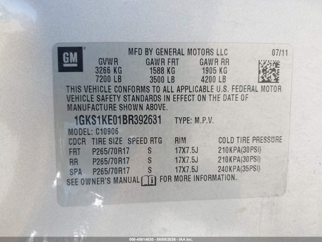 Продаж на аукціоні авто 2011 Gmc Yukon Xl 1500 Slt, vin: 1GKS1KE01BR392631, номер лоту: 45814830