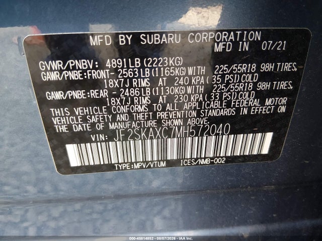 JF2SKAXC7MH572040 Subaru Forester Touring