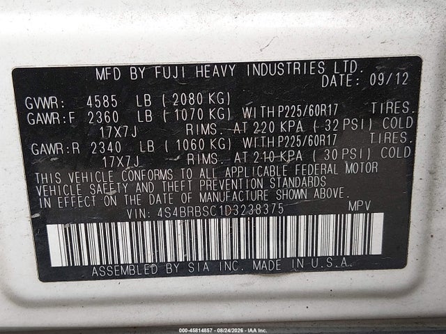 2013 Subaru Outback 2.5i Limited მანქანა იყიდება აუქციონზე, vin: 4S4BRBSC1D3238375, აუქციონის ნომერი: 45814857