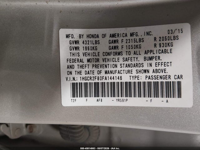 1HGCR2F80FA144146 Honda Accord Ex-l
