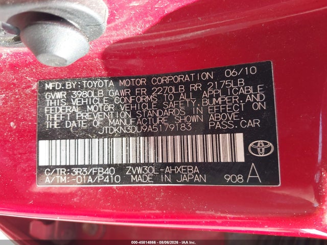 Aukcja sprzedaży 2010 Toyota Prius Iii, vin: JTDKN3DU9A5179183, numer aukcji: 45814866